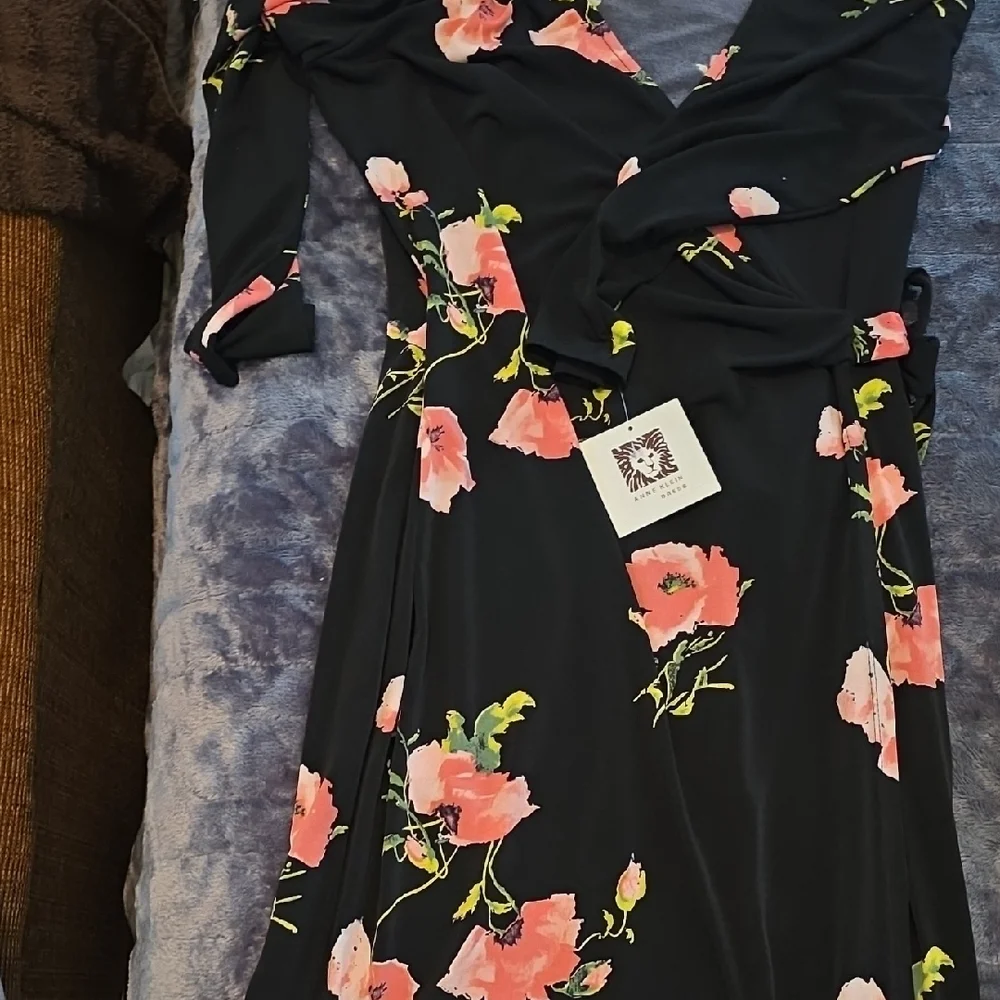 Anne Klein Black Midi Wrap Dress with Coral Floral Print - Picture 5 of 5